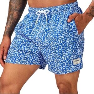 Men’s Blue & White Patterned Swim Trunks w/ Elastic Waistband Drawstring Size L